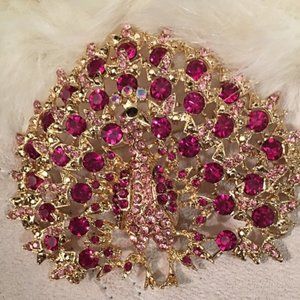 Open Peacock Pink Rhinestone Pin - New Showstopper   Very Large  Drawer 6
